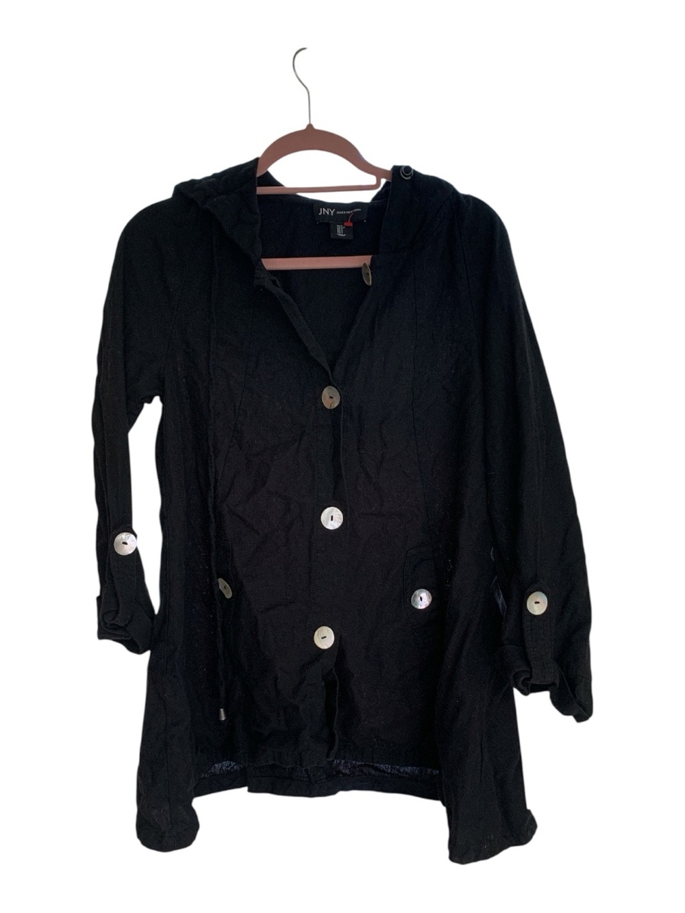 Women’s Black Linen Hooded Button-Front Jacket Jones New York Size Small - Picture 2 of 8